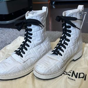 FENDI Nappa FF Embossed Womens Biker Boots Snow